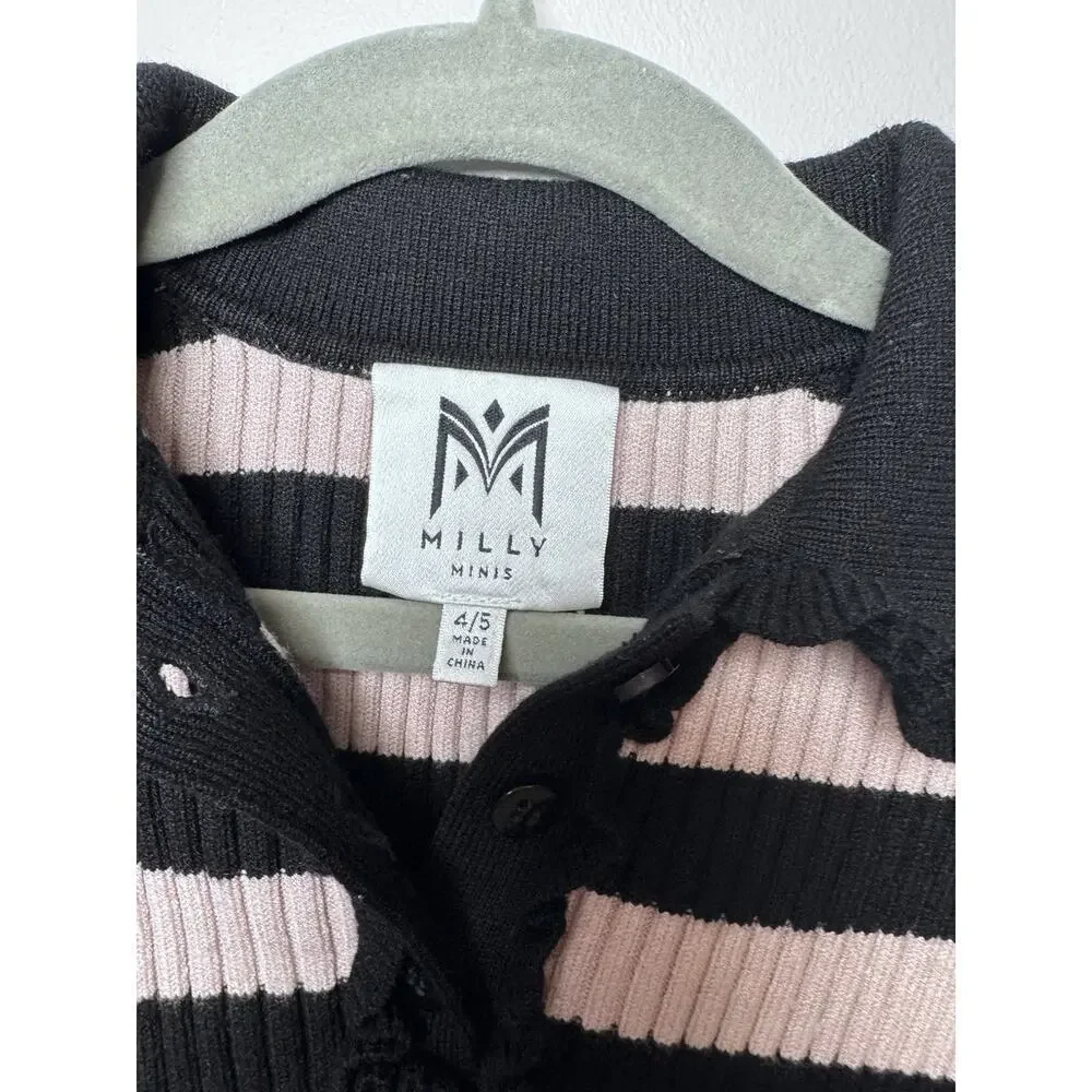 Milly Minis Girls Ribbed Striped Ruffle-Trim Polo Dress Size 4/5